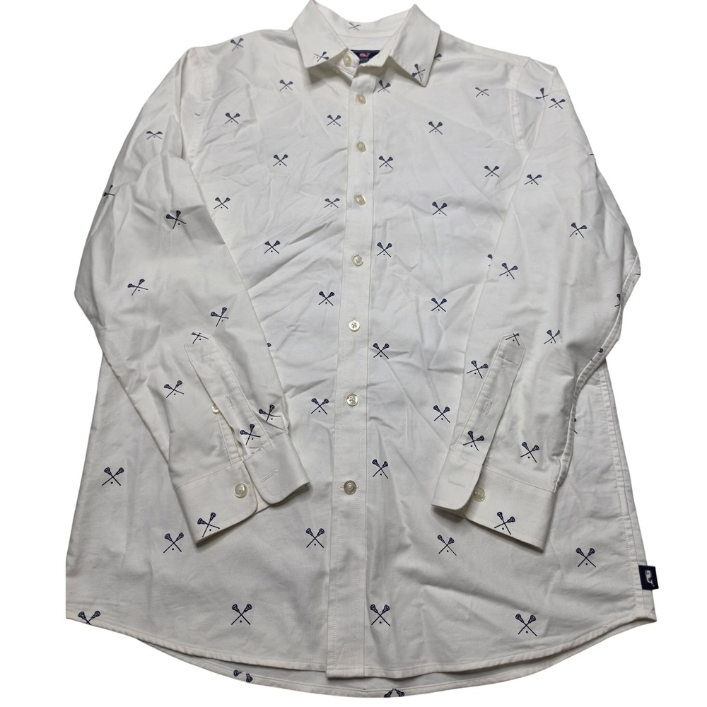 Vineyard Vines Boys XL 18 Whale Shirt Lacrosse Sticks Print Button Down White